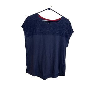 Tommy Hilfiger Sz XL Blue Knit Short Sleeve Tee Top with Crochet Lace Accent